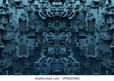 Detail Of A Futuristic  Machine. 3D Illustration Of A Futuristic Wall Made Of Various Details Under Orange Neon Lights. Cyberpunk Background. Industrial Wallpaper. Grunge Details