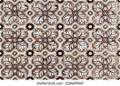 Detail Of An Old, Original And Weathered Tile Panel, Typical Portuguese Decorative Tiles. Graphic And Ornamental Flowers Designs. Patina Of Time, Timeless Concept. Wall Decor, Wallpaper, Web Page