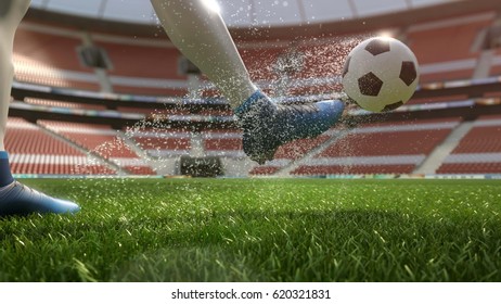 Detail Soccer Player Kicking Ball On Field 3d Illustration