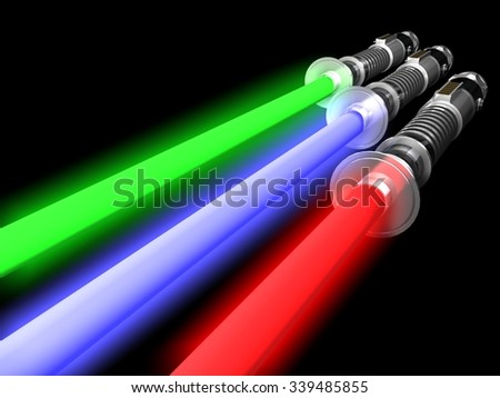 detail of three 3d light future swords black background