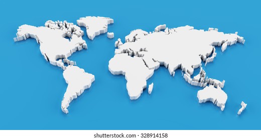 Detail White World Map, 3d Render, Blue Background