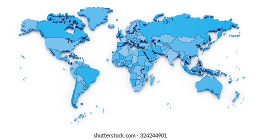 Detail world map with national borders, 3d render, white background