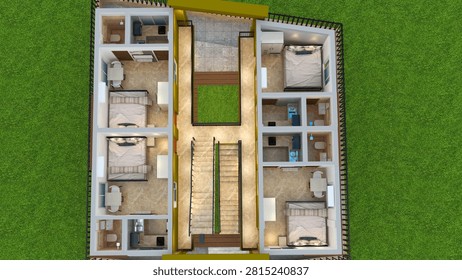 Detailed 3D architectural visualization showing the top-down floor plan of a multi-unit residential complex. The layout features four distinct apartment units, each complete with a bedroom, kitchen, and bathroom. A central staircase and communal hallway connect the living spaces, alongside a shared outdoor terrace area. Surrounded by lush green grass, this realistic rendering is perfect for real estate developers, architects, and property marketing materials to showcase building layouts.