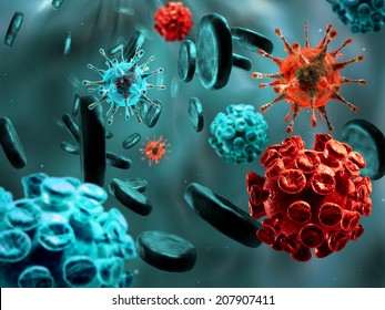 Detailed 3d illustration of virus, bacteria cells infecting human body.