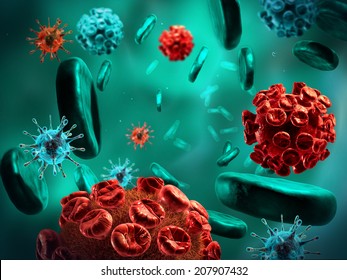 Detailed 3d illustration of virus, bacteria cells infecting human body.