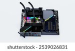 Detailed 3D model of a high-performance ATX motherboard, designed for advanced gaming and computing. Features RGB lighting, multiple PCIe slots, and support for powerful AMD chipsets in custom PC .