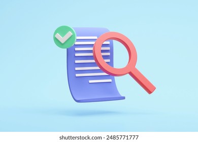A detailed 3D render illustrating the process of data verification and information retrieval with floating elements of documents, data icons, a checkmark, a search icon, and a magnifying glass