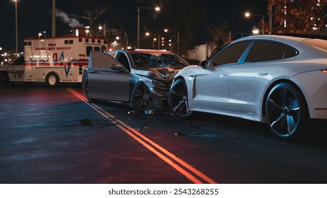 A detailed 3D rendering of a car accident scene at night with an ambulance in the background. Perfect for illustrating emergency and accident-related content. 3d, rendering, illustration.

