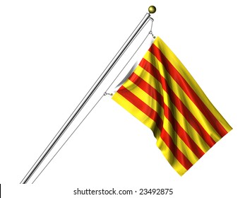 Detailed 3d rendering of the flag of Catalunya hanging on a flag pole isolated on a white background.  Flag has a fabric texture and a clipping path is included.