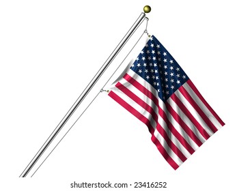 Detailed 3d rendering of the flag of the United States of America hanging on a flag pole isolated on a white background.  Flag has a fabric texture