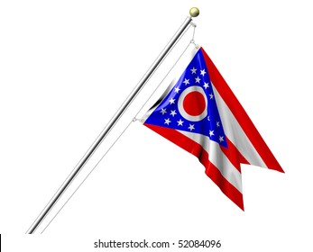 Detailed 3d rendering of the flag of the US State of Ohio hanging on a flag pole isolated on a white background.  Flag has a fabric texture and a clipping path is included.