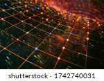 Detailed 3D rendering of tunnel through wormhole over curved spacetime. Travel in space concept.