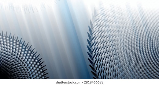 A detailed abstract design showcasing complex fractal-like patterns, including a dense cluster of spheres and a sweeping array of geometric blades.