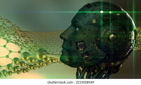 Detailed Appearance Of The Deep Green AI Robot And Gold Fine Hexagonal Atoms Under Yellow Background. Concept 3D CG Of Vaccine Development, Regenerative And Advanced Medicine.