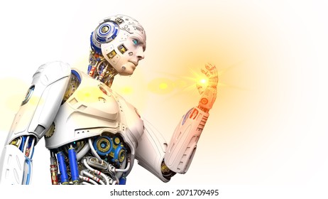 Detailed Appearance Of The White AI Robot Under Rainbow Flare Spot Light Background. 3D Sketch Design And Illustration. 3D High Quality Rendering.