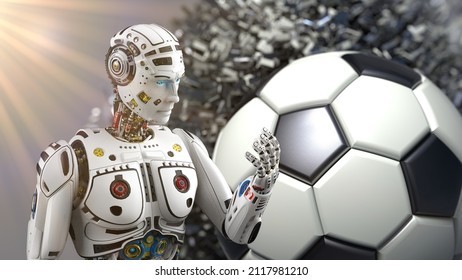 Detailed Appearance Of The White AI Robot And Soccer Ball With Sun Light. Concept Image Of Sports Activity, Strategy And Science. 3D Sketch Design And Illustration. 3D High Quality Rendering.