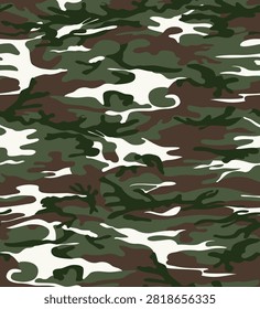 A detailed camouflage pattern featuring irregular shapes of green brown and white for concealment and blending into natural environments