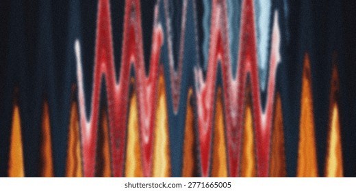A detailed close-up of a complex zigzag pattern dominated by deep red, orange, and dark blue hues, suggesting a rich textile or woven fabric.