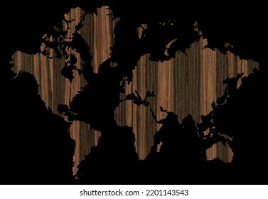 Detailed Decorative World Map Cut From Wood Texture Ebony, Transparent World Map Showing Continents, Isolated On Black Background