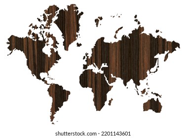 Detailed Decorative World Map Cut From Wood Texture Ebony, Transparent World Map Showing Continents, Isolated On White Background