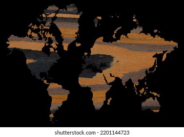 Detailed Decorative World Map Cut From Wood Texture Ebony, Transparent World Map Showing Continents, Isolated On Black Background