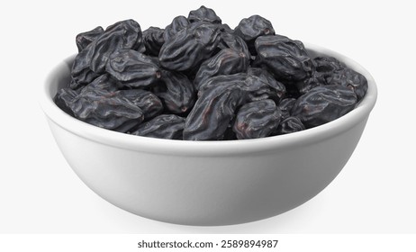 A detailed digital rendering of dried dates arranged in a ceramic bowl showcasing fine textures and lifelike appearance.