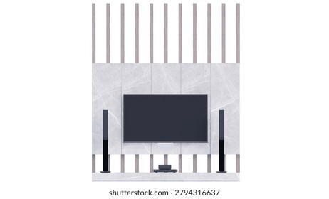 A detailed front-facing 3D render of a modern, minimalist media wall unit. The design features a central flat-screen television mounted on an elegant light grey marble-textured panel. This central marble section is framed above and below by a series of evenly spaced, light-toned vertical wooden slats, adding architectural interest and texture. Flanking the television are two tall, sleek black floor-standing speakers. A matching low marble base shelf holds a small black media receiver. The entire setup is cleanly staged against a seamless white background, ideal for contemporary interior design visualization and architectural mockups.