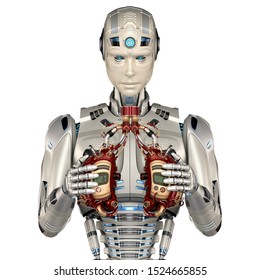Detailed futuristic android or humanoid cyborg holding mechanical lungs as an alternative to human organs in the near future. Front view isolated on white background. 3d render
