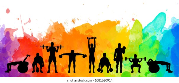 Detailed illustration silhouettes strong rolling people set girl and man sport fitness gym body-building workout power lifting health training dumbbells barbell. Healthy lifestyle.   - Powered by Shutterstock