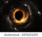 A detailed image of a black hole with a glowing event horizon surrounded by stars and galaxies