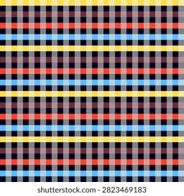 A detailed and intricate plaid pattern featuring a grid of intersecting lines in red, blue, and yellow against a dark brown and black background, creating a classic tartan textile look.