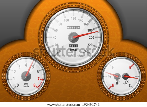 Detailed Leather Car\
Dashboard with Speedometer, Tachometer, Fuel and Temperature\
Gauges,\
illustration