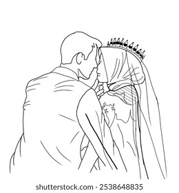 Detailed line art muslim hijab illustration depicting a loving couple in an intimate embrace, evoking feelings of romance and togetherness. Perfect for celebrating love and connection in works of art. - Powered by Shutterstock