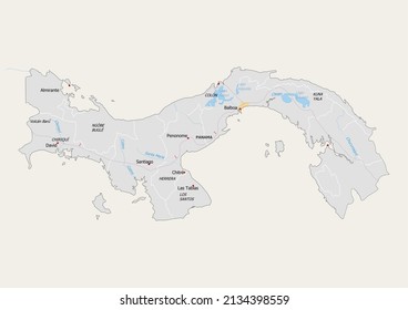 Detailed map of Panama isolated on white. Panama map shows capital, national borders, important cities, rivers,lakes.
