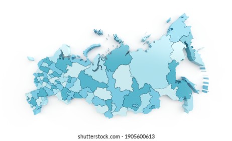 Detailed map of regions of Russian Federation in turquoise color on white. 3D rendering