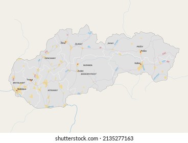 Detailed Map Of Slovakia Isolated On White. Slovakia Map Shows Capital, National Borders, Important Cities, Rivers,lakes.