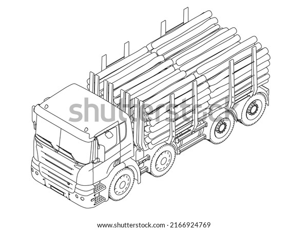 Detailed\
outline of a truck with wood from black lines isolated on a white\
background. Isometric view. 3D\
illustration