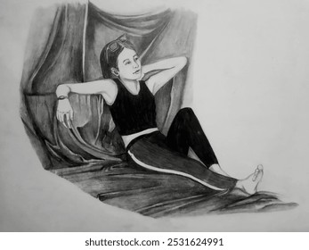 A detailed pencil drawing of a woman lounging casually, expressing relaxation and contemplation. The monochrome artwork captures the essence of serene leisure. - Powered by Shutterstock