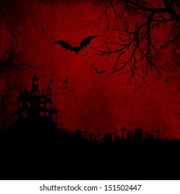 Detailed Red Grunge Halloween Background Wtih Spooky Bats And Haunted House