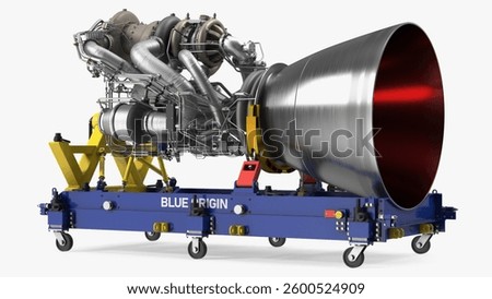 Detailed representation of a Blue Origin rocket engine featuring intricate pipework and a robust nozzle, mounted on a mobile cart.
