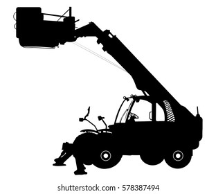 Detailed silhouette of elevator construction machine isolated on white