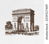 A detailed sketch of the iconic Arc de Triomphe, showcasing its grand architecture. The Arc de Triomphe stands as a symbol of history, attracting visitors and tourists alike.