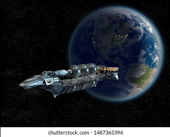 Detailed Spaceship In Near Earth Orbit For Futuristic Space Travel, Video Games, Or Science Fiction Backgrounds. Elements Of This 3D Illustration Are Furnished By NASA.