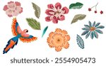 Detailed tropical elements. Flowers colorful with leaves, exotic parrot. Set of isolated elements Suitable for all over texture. White color background.