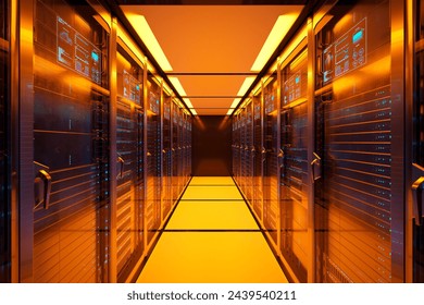 A detailed view of a cutting-edge data center, illuminated in orange, showcasing rows of server racks, advanced networking equipment, and dynamic holographic cybersecurity displays.