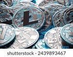 A detailed view of Litecoin cryptocurrency coins with intricate circuit designs, epitomizing the cutting-edge blockchain technology in the digital currency realm.