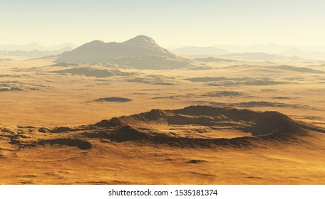 Detailed View Of The Martian Landscape. Mars Dust Storm. 3D Illustration