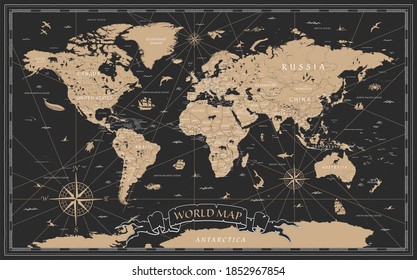 Detailed Vintage Black Golden World Map -  illustration