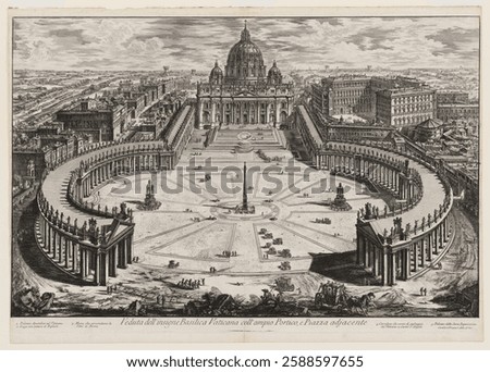 Detailed vintage illustration of St. Peter's Basilica and square. Architectural grandeur, historic cityscape, and intricate design capture the essence of Rome. Vintage etching illustration artwork.