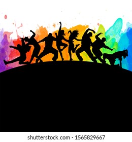 Detailed Watercolor Illustration Silhouettes Of Expressive Dance Colorful Group Of People Dancing. Jazz Funk, Hip-hop, House. Dancer Man Jumping On White Background. Happy Celebration